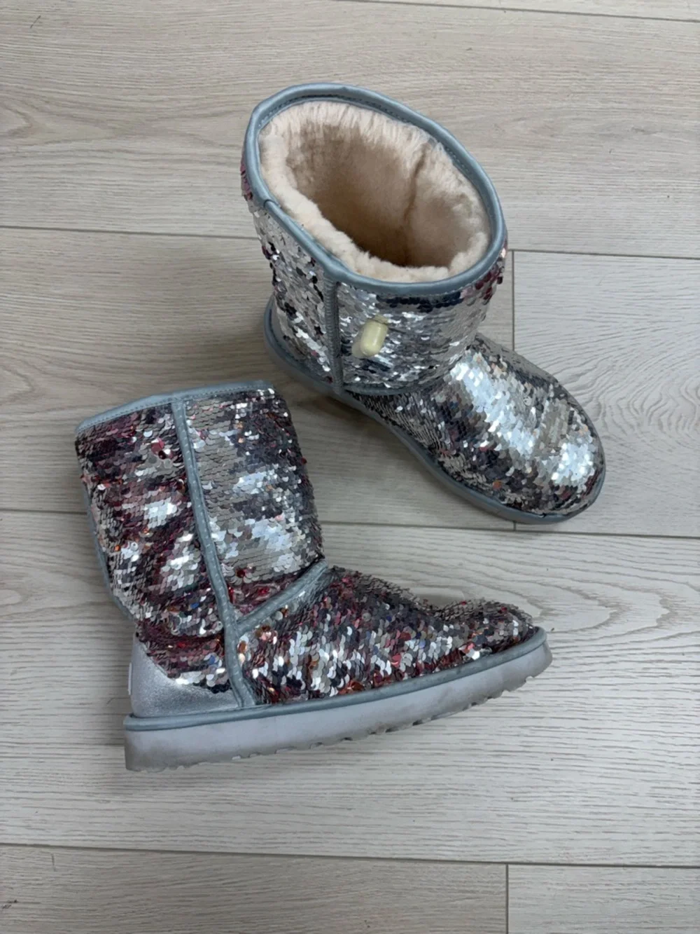 UGG Classic Short Sequin Boots in Pink & Silver